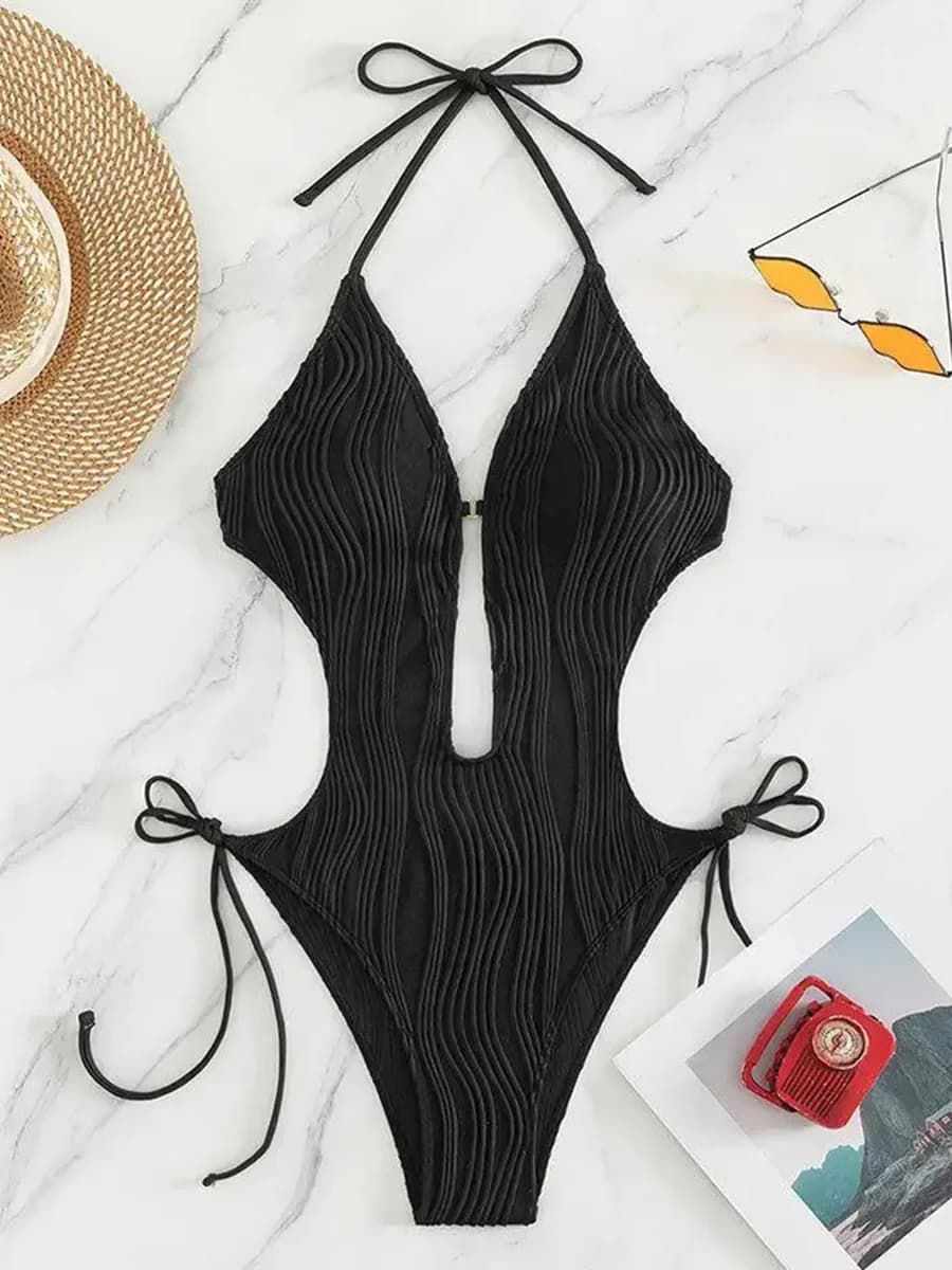 Costume da bagno femminile sexy con scollo a V increspato Costume da bagno intero da donna Monokini senza schienale Costume da bagno con taglio a gamba alta Costume da bagno da spiaggia