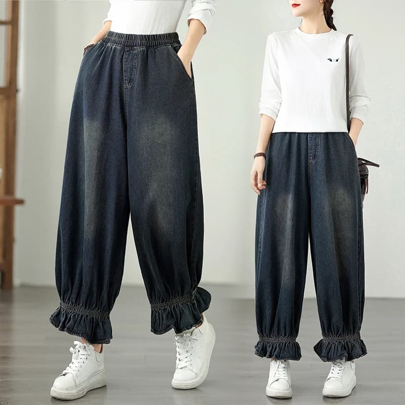Jeans a gamba larga floreale vintage da donna taglie forti Vita alta dimagranti Pantaloni lanterna a nove punte Trendy Autunno Faion Casual Sle