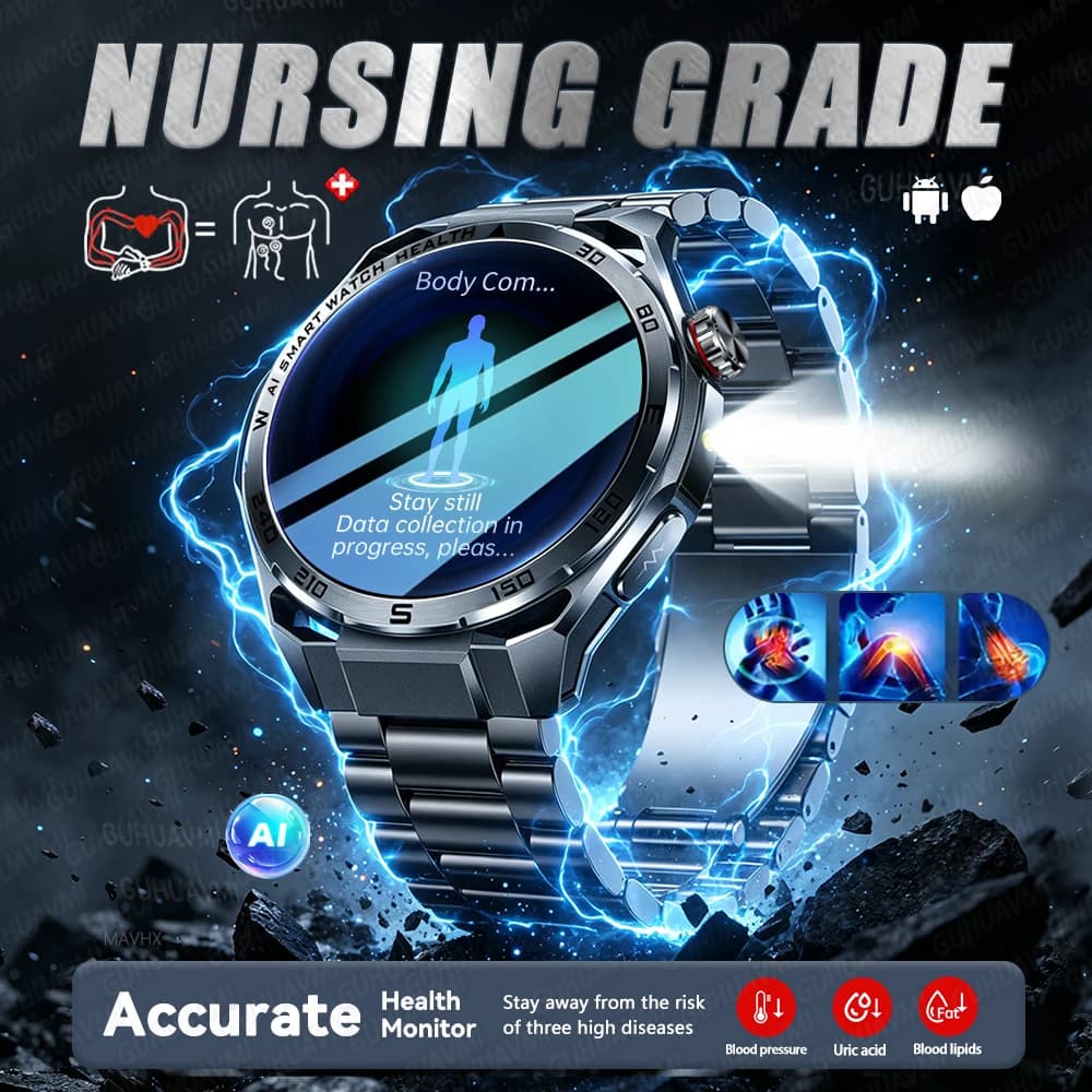 Nuovo Smartwatch per Uomo con Funzioni Avanzate per Esami Fisici, Monitoraggio Acido Urico, Grasso Corporeo, Ossigeno nel Sangue, Chiamate Bluetooth e Funzioni Salute