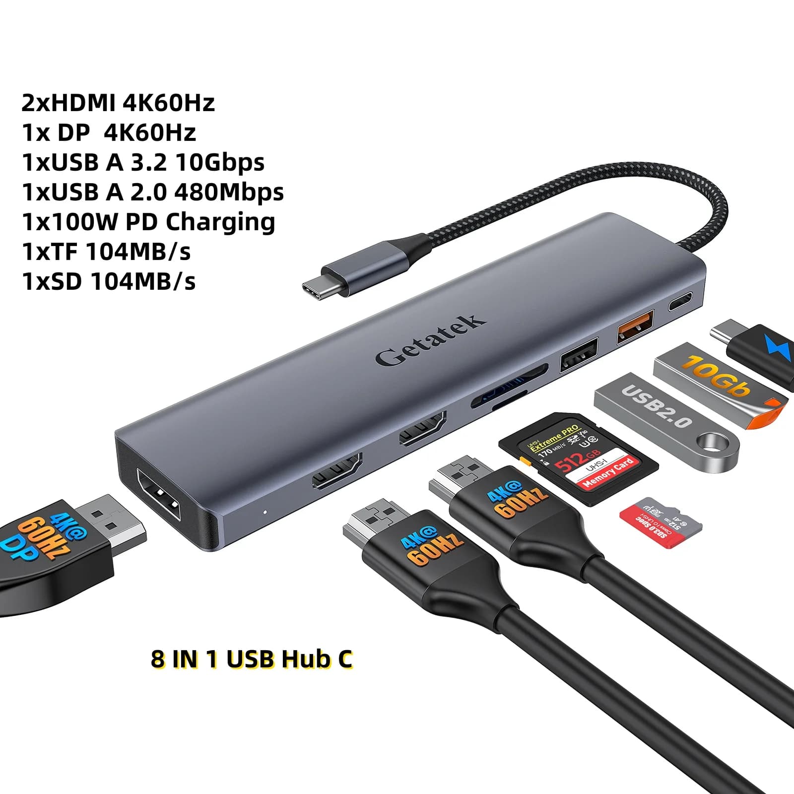 GETATEK 8in1 USB C Hub 3.2 doppio HDMI DP60Hz USB A 3.2 PD Ricarica SD/TF Lettore di schede splitter Docking station per laptop MacBook