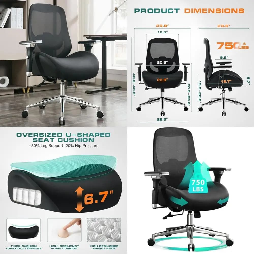 Sedia da Ufficio Ergonomica in Rete per Adulti di Peso Elevato: Cuscino Ampio, Supporto Lombare Regolabile, Braccioli 4D per Comfort di 8 Ore