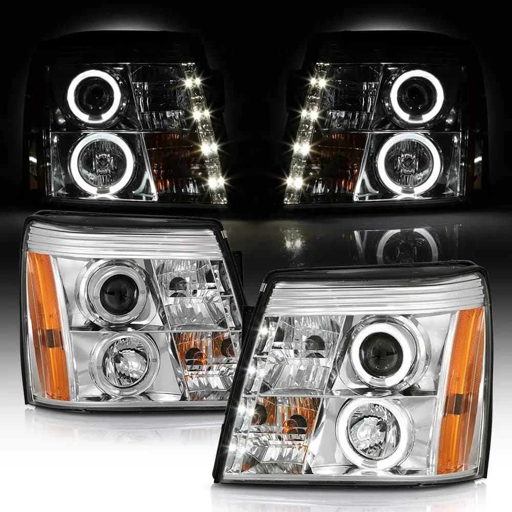 Fari anteriori a proiettore con LED Halo DRL e alloggiamento cromato per Cadillac Escalade 2002-2003, lato guida e passeggero