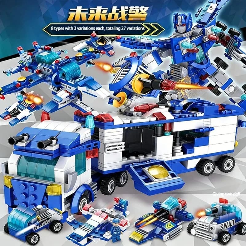 Set di Costruzioni Trasformabili 8-in-3 da 27 Stili: Veicolo di Comando SWAT, Robot da Combattimento, Mattoncini Educativi Fai-da-Te per Bambini