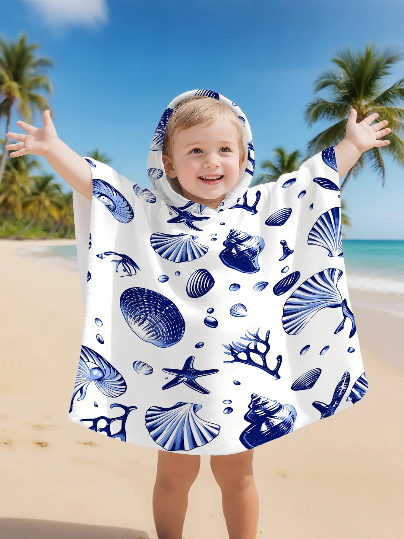 Accappatoio con stampa di conchiglie e coralli, morbido e super assorbente, ideale per spiaggia, piscina, mare, campeggio, regalo per bambini e bambine dai 2 ai 9 anni.