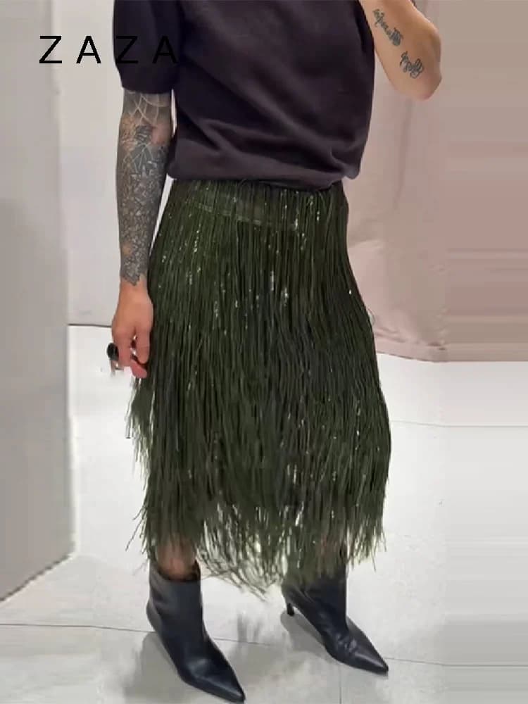 Zaza Chic Party Vacation Gonna con nappa verde per le donne Vita bassa Pacchetto Hip Gonne in erba sintetica 2025 New Lady High Street Outwears