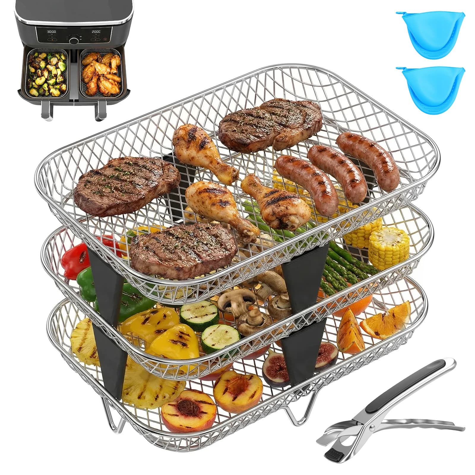 Set di 3 Griglie Impilabili per Friggitrice ad Aria, Cestello Antiaderente in Acciaio Inox, Cestello per Disidratazione, Accessori da Cucina