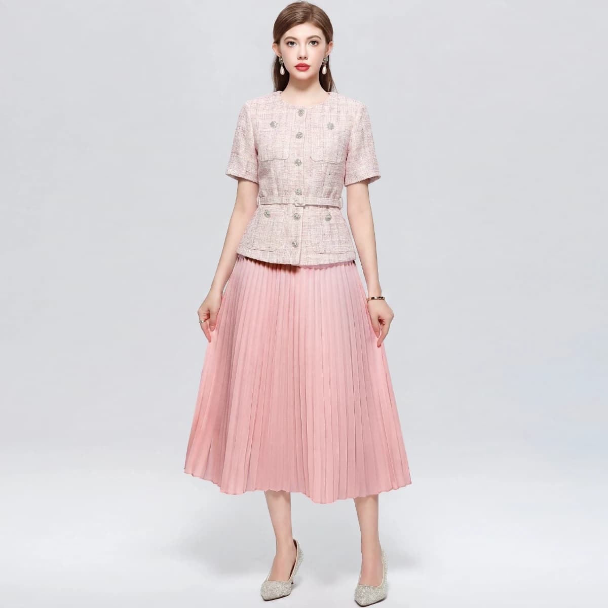 Elegante Abito Estivo in Tulle e Tweed con Effetto Due Pezzi, Maniche Corte, Cintura con Strass, per Feste Autunnali e Serate Formali