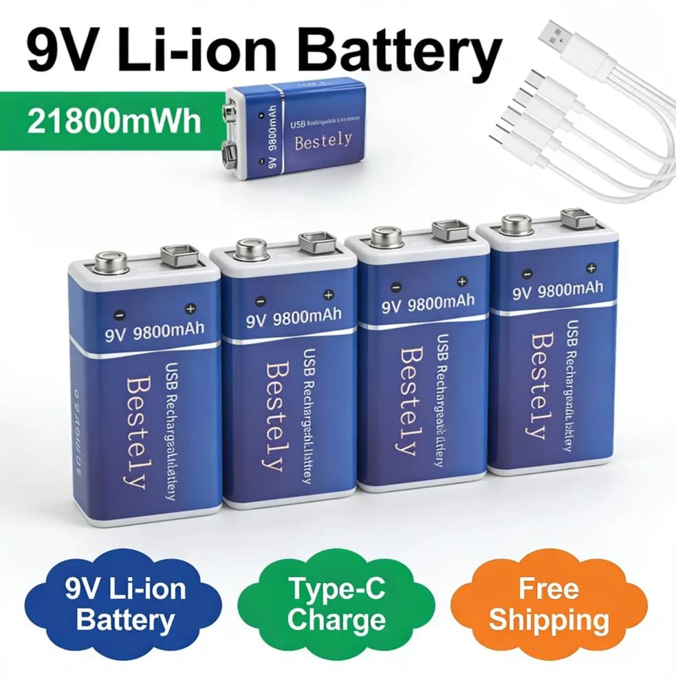 Batteria Ricaricabile 9V Viola 9800mAh Batteria Pronta all'Uso - Per Giocattoli, Rilevatori di Fumo e Dispositivi Medici, Carica Rapida 1 Ora