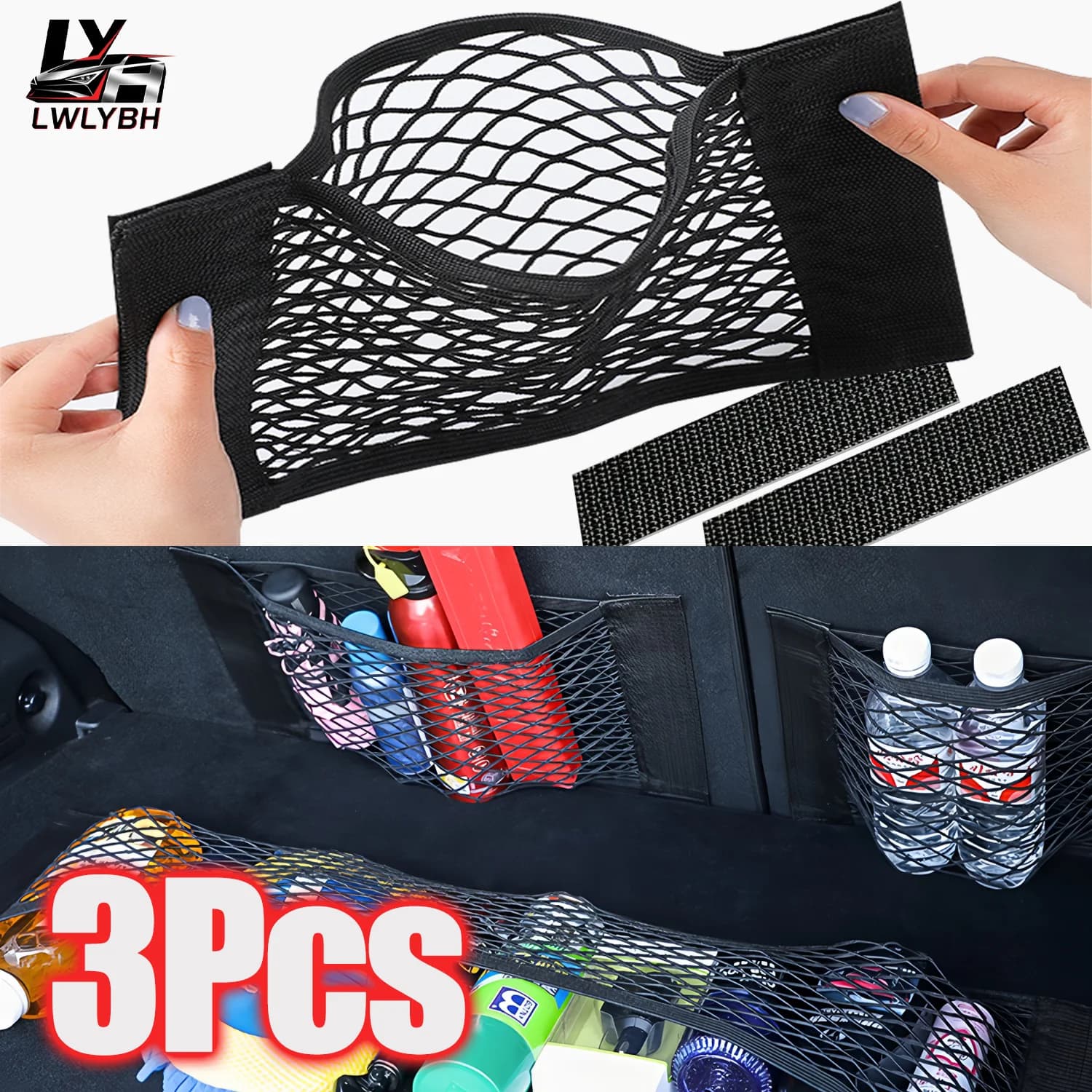 Borsa di rete per bagagliaio per auto Borsa di rete doppia per auto Sedile automatico Tasca fissa in rete Cinghie elastiche in velcro per auto universali Organizzatore di rete