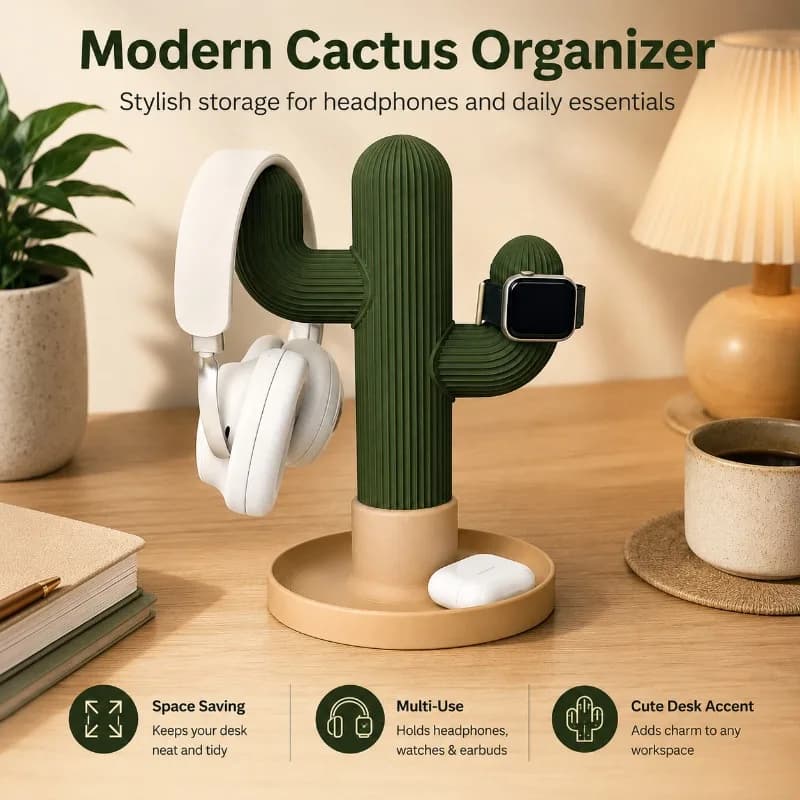 Minimalist Cactus Headset Stand Multi Use Desktop Organizer for Headphones Watch Earbuds Student Dorm Bedroom Office Storage