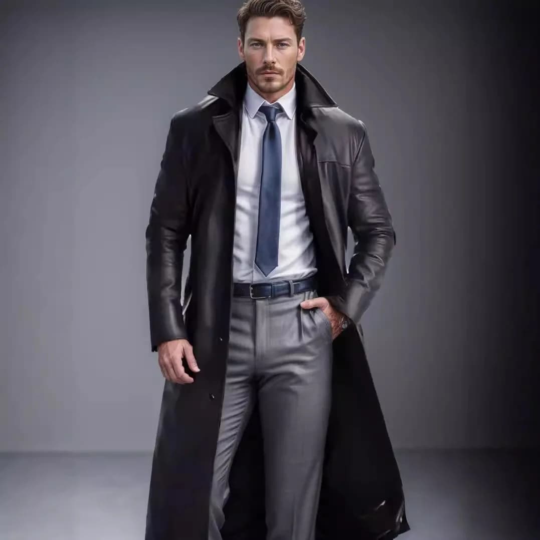 Man Leather Jacket Autumn High Street Turn Down Collar Long Sleeve Men Trench Coat Windproof Single-breasted Male Outerwear