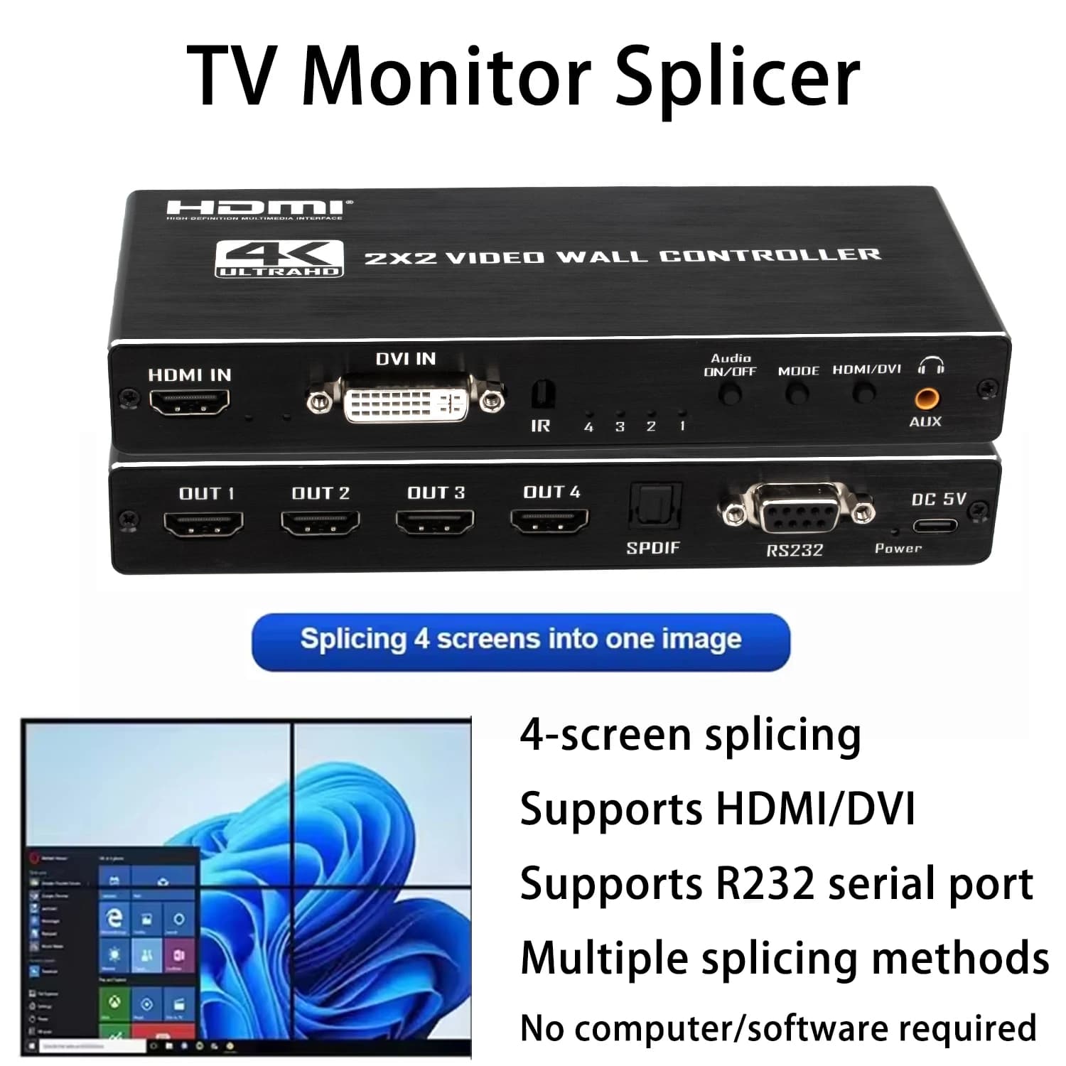 Controller Video Wall 4K 2x2, Processore per Divisione Schermo TV 1080P 1x2 1x3 1x4 2x1 per HDMI DVI, Regolazione Bordi, RS232