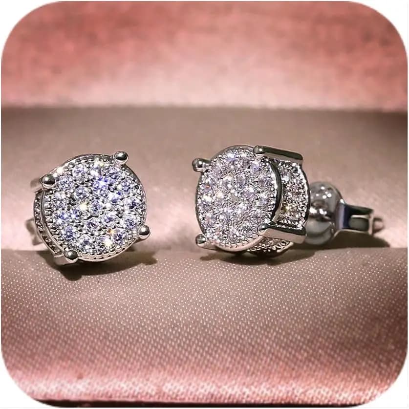 Orecchini da Donna con Diamanti Sintetici, Placcati in Oro Bianco 18K, Zirconia Cubica Rotonda e Quadrata, Orecchini a Lobo Ipoallergenici