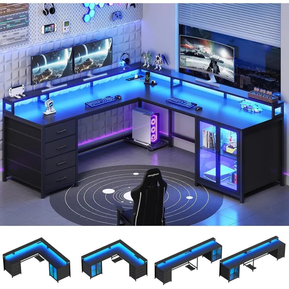 Scrivania da gaming a forma di L con 4 cassetti, scrivania per computer da 109 pollici con mobiletto porta display, scrivania per ufficio domestico con 2 supporti per monitor, porta PC, illuminazione a LED
