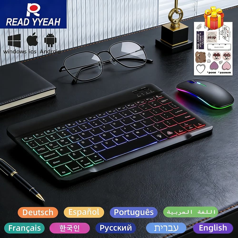 READYYEAH 10 Inch Thin Backlit Keyboard with Mouse for Xiaomi iPad Samsung iOS Android Windows Tablet Phone Spanish Wireless Keyboard