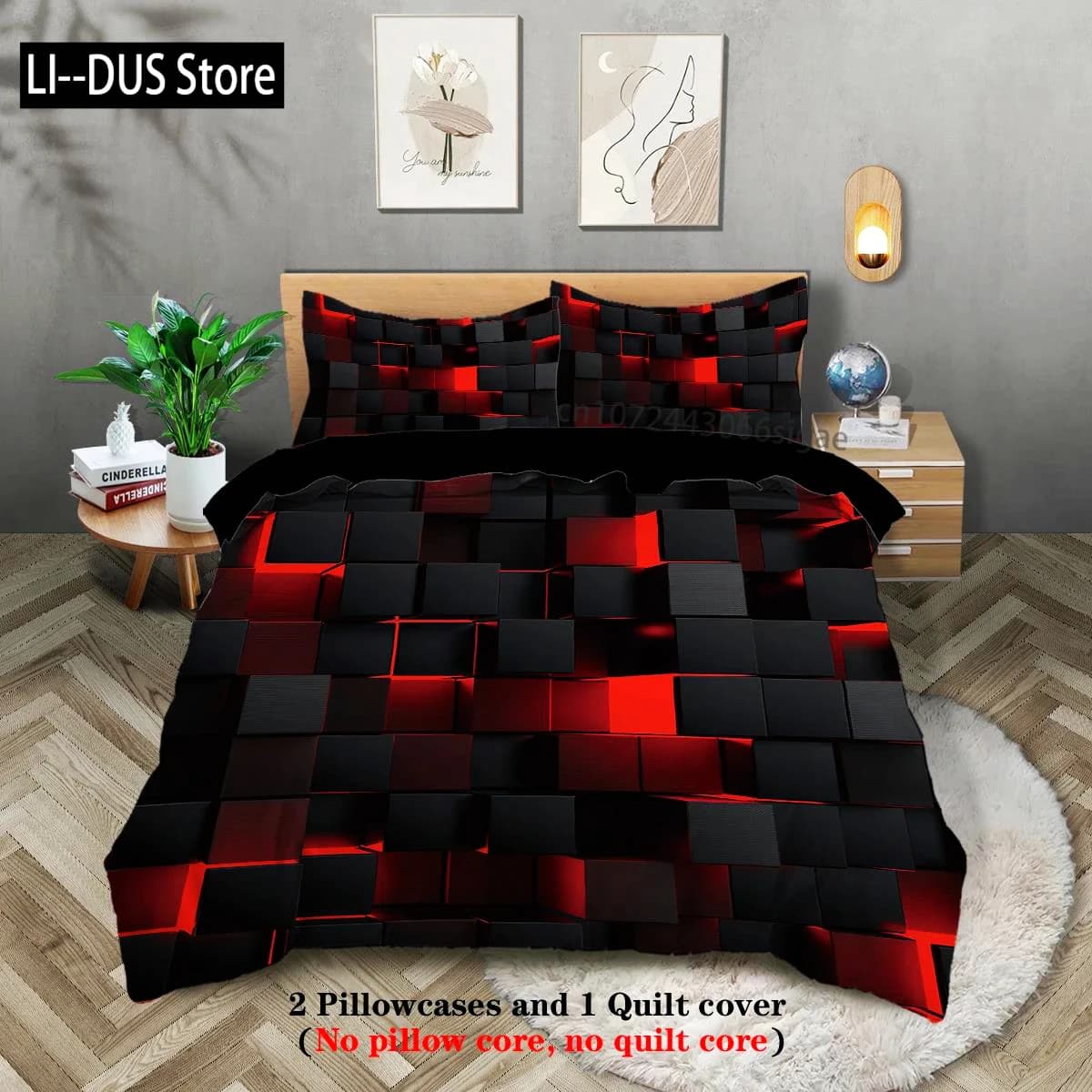Set biancheria da letto con effetti visivi a griglia trasparente rossa da 3 pezzi, adatto per la cameretta degli adolescenti e adulti, 1 copripiumino + 2 federe
