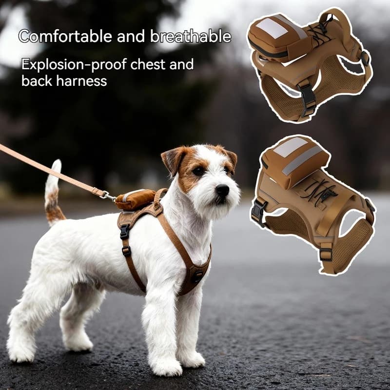 Tactical Dog Harness Set Comfortable Breathable Outdoor Escape Proof Adjustable Vest With Backpack & Elastic Leash Pet Supplies