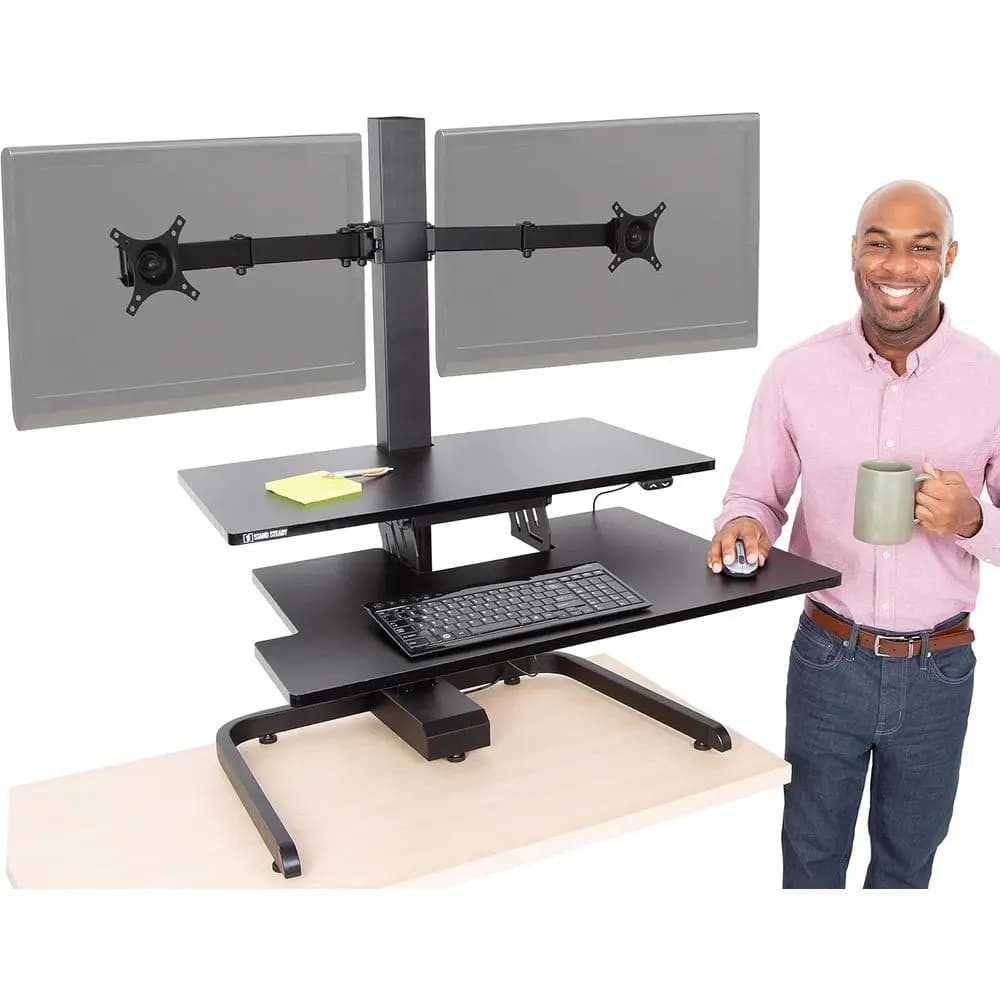Convertitore per Scrivania Elettrica Regolabile in Altezza con Supporto per Doppio Monitor, 2 Porte USB, Funzionamento Silenzioso, Controllo a Pulsanti e Vassoio per Tastiera