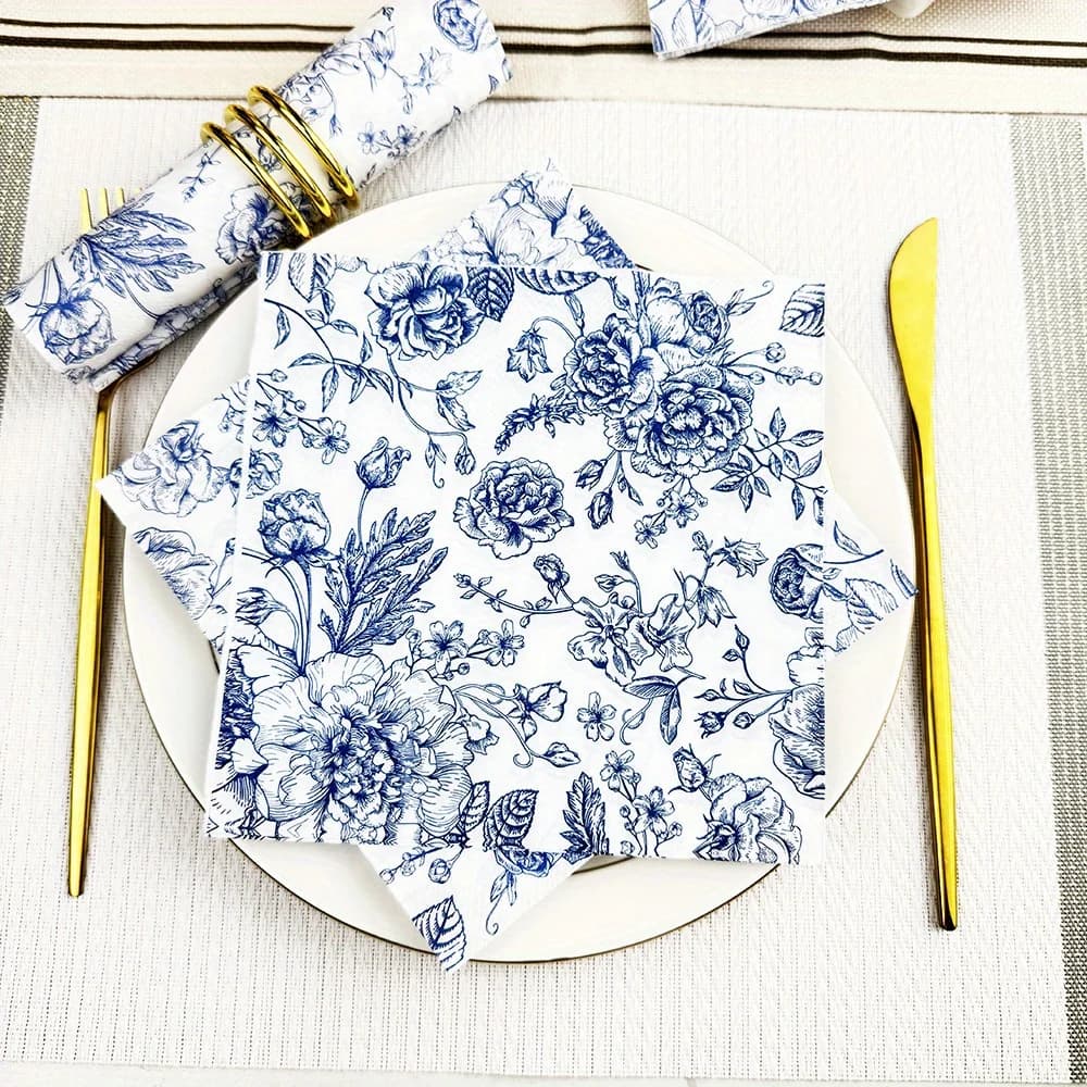 Tovaglioli per bevande da cocktail floreali Tovaglioli da dessert in carta usa e getta blu e bianco con fiori primaverili per matrimoni, feste di compleanno