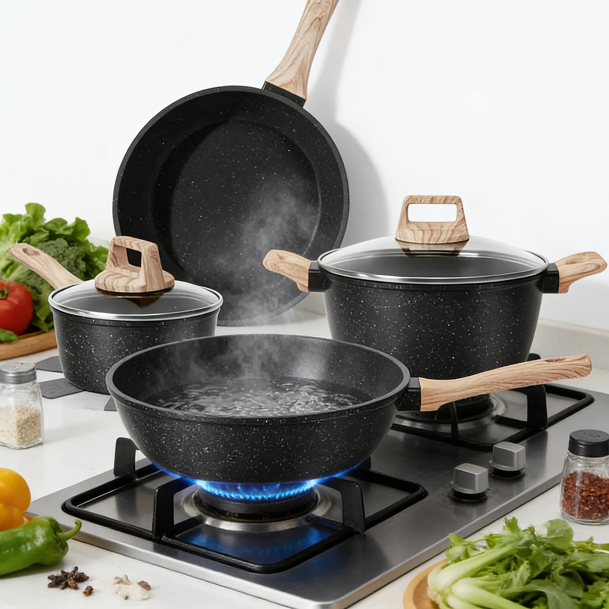 Set di Pentole Antiaderenti da 12 Pezzi, Batteria da Cucina in Granito per Piani a Induzione, Set da Cucina Antiaderente, Include Set di Padelle