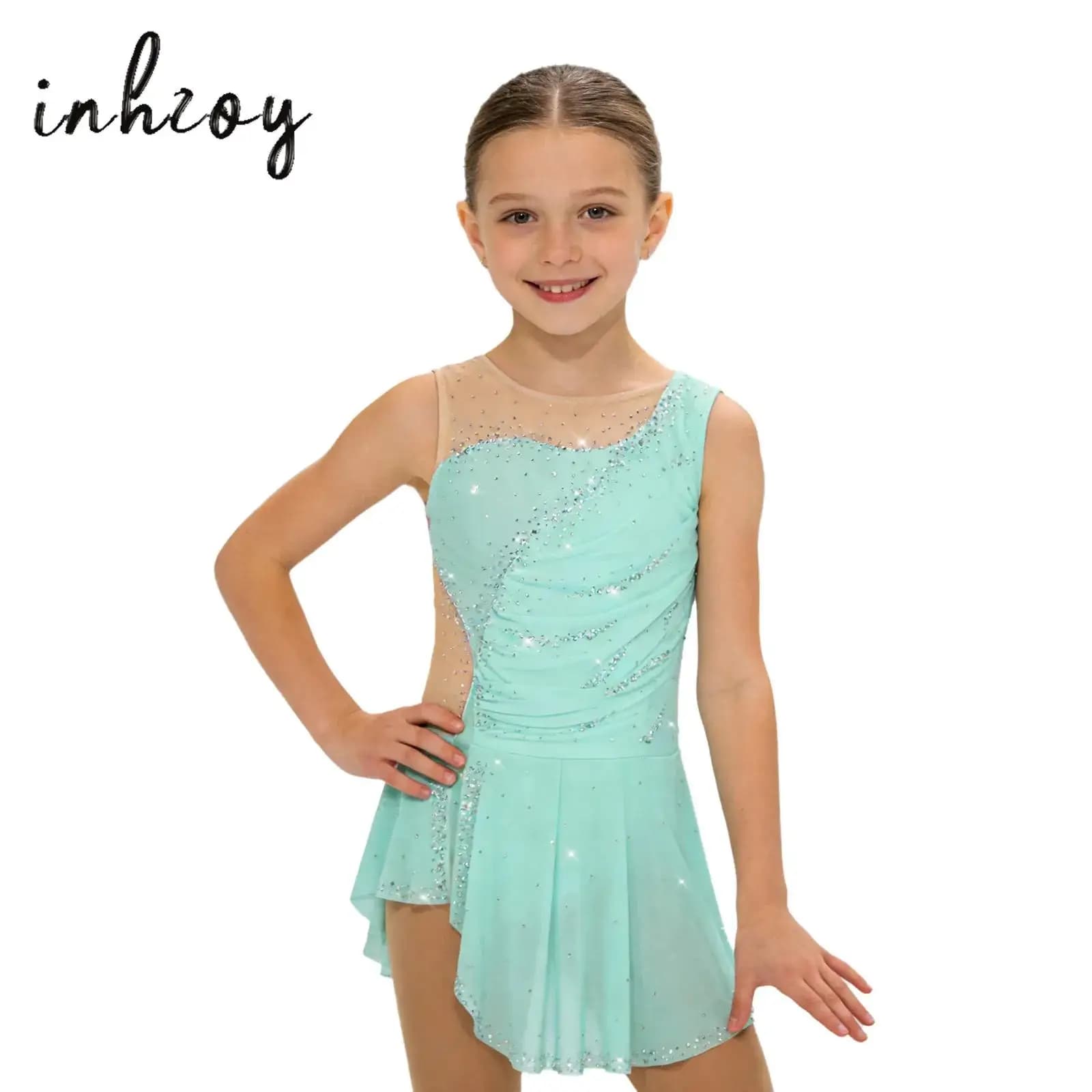 Body da Ginnastica Ritmica per Bambini, Abito da Pattinaggio Artistico, Danza Lirica, Senza Maniche con Arricciature e Strass