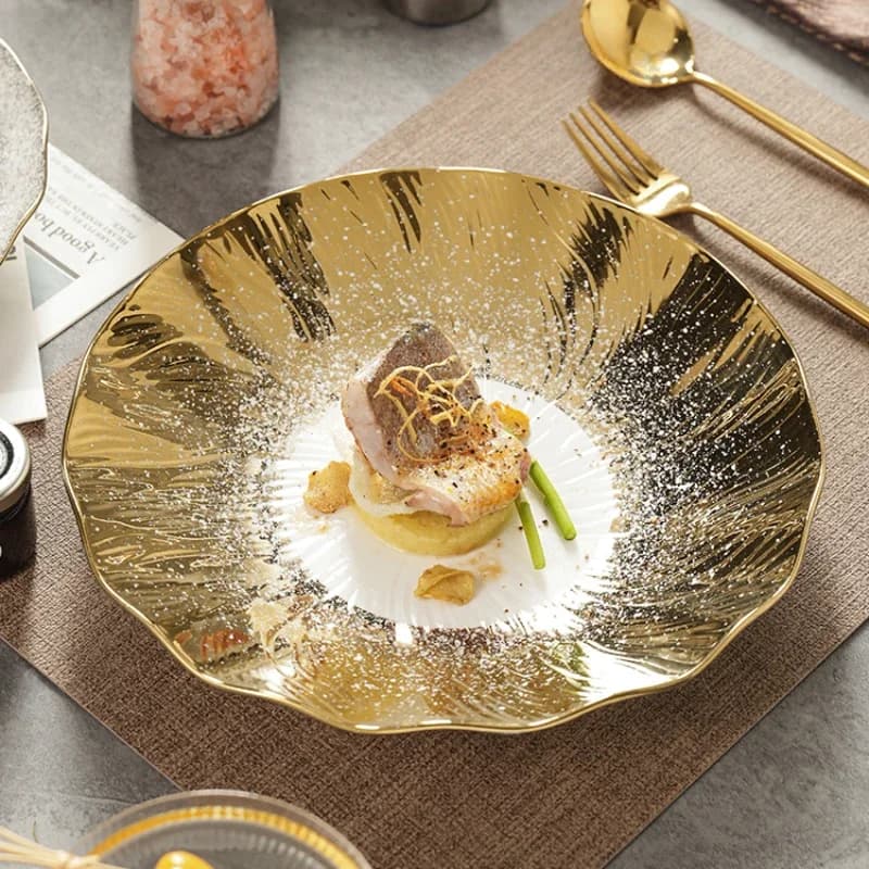 Creative Golden Ceramic Western Restaurant Pan Shalapan Hotel Restaurant Ceramic Pendulum High-end Hotel Tableware