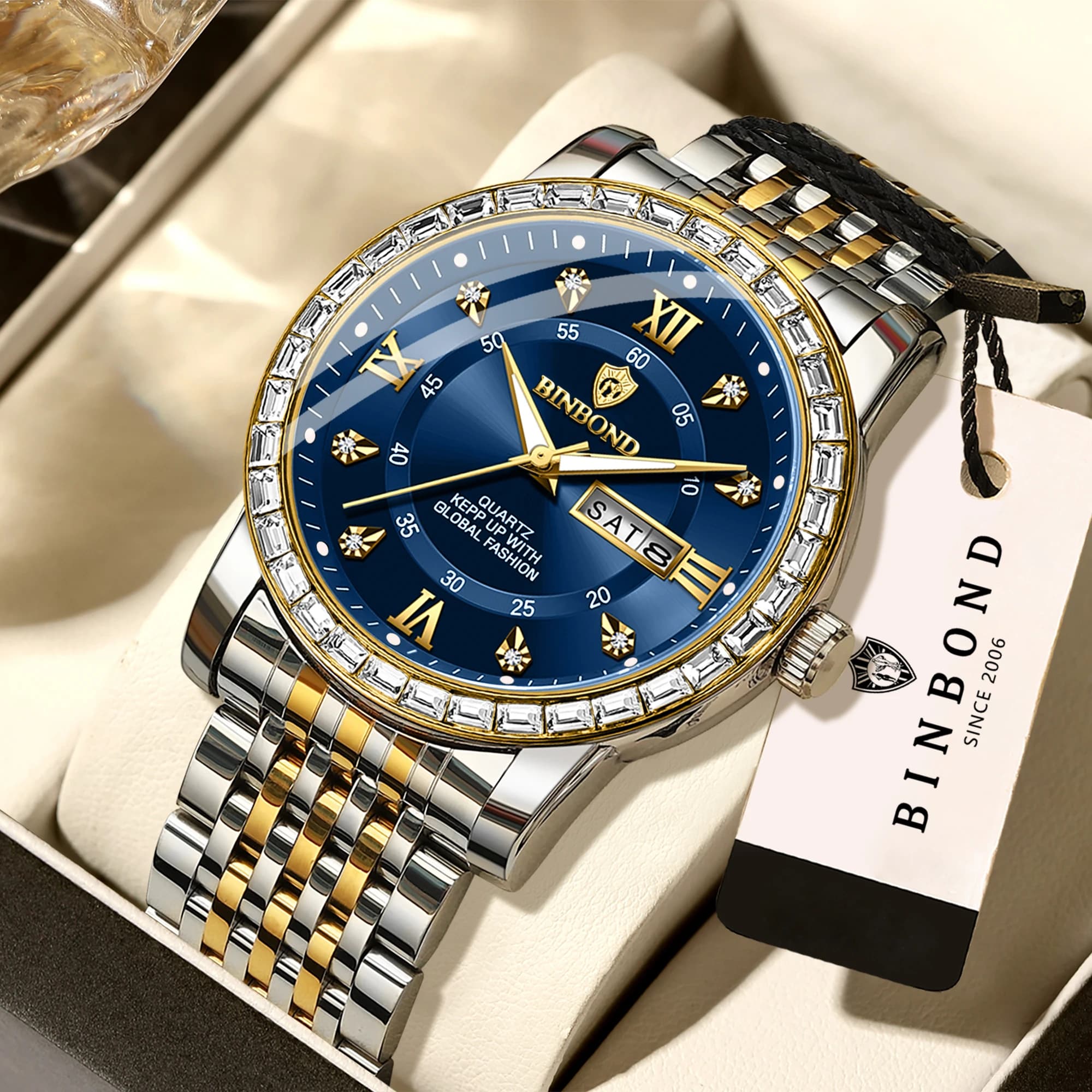 Orologi al quarzo precisi BINBOND con datario e giorno della settimana, orologi da uomo di lusso, luminosi, impermeabili, resistenti, casual.