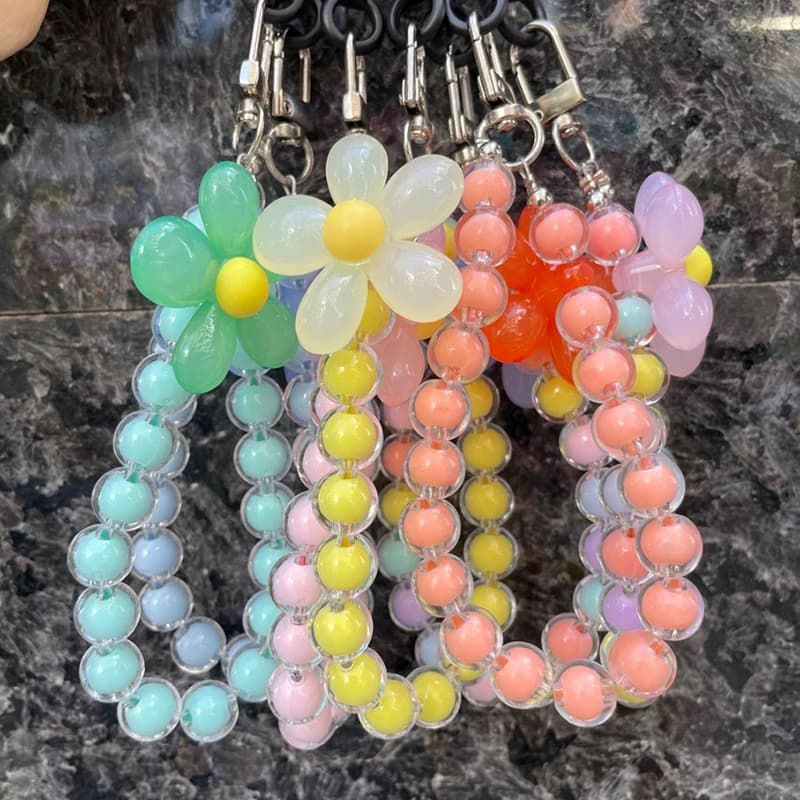 Cordino per cellulare Cinturino da polso stile corto Fiore di cristallo Bracciale con perline fatto a mano Cordino con ciondolo Cinturini da polso larghi anti-smarrimento