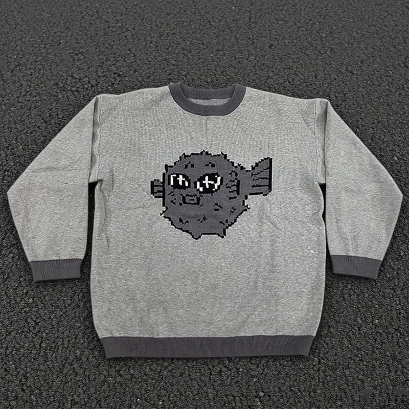 New autumn and winter unisex Y2K streetwear pixel pattern knitted sweater cute fish print windproof and warm sweater