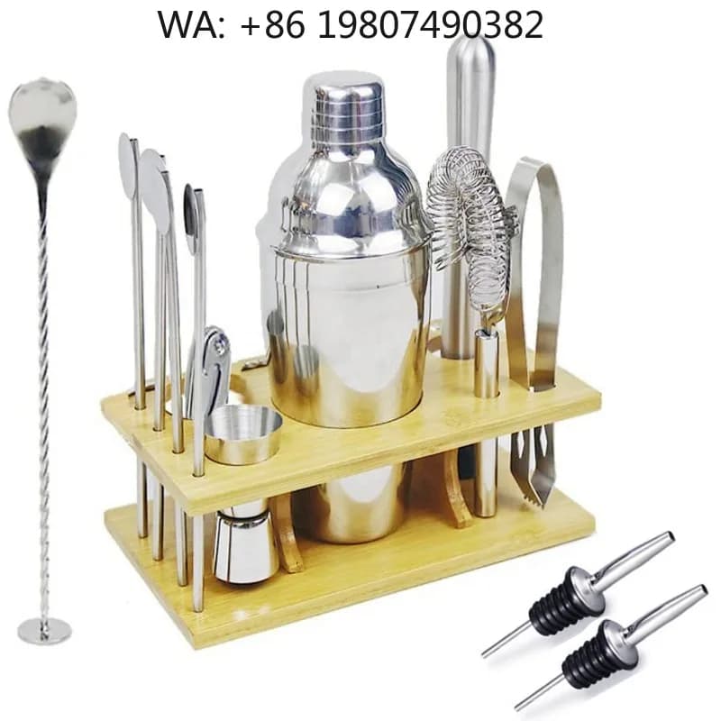 14-Piece Mirror Polished Stainless Steel Bar Kit, Boston Cocktail Shaker Full Spoons Tools Wooden Stand LFGB Certified Mixology