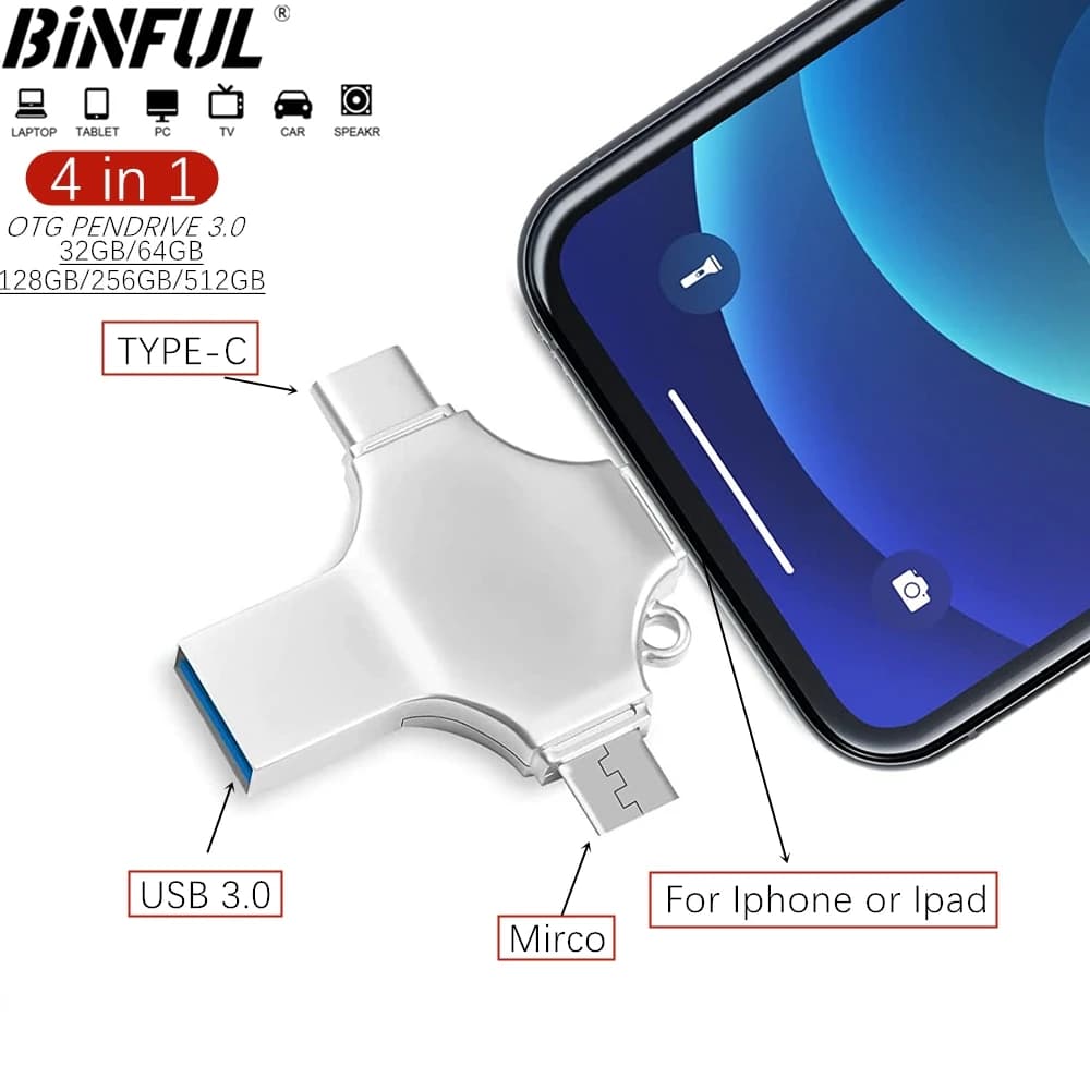 Per iPhone iso 4in1 Chiavetta USB 3.0 512GB 256GB 128GB 64GB 32GB Chiavetta USB in metallo iPad Android OTG Mirco Chiavetta USB LOGO