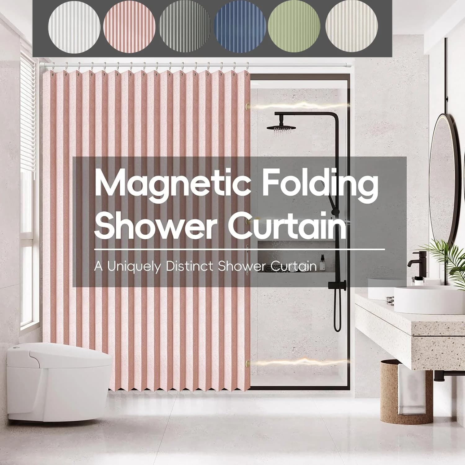 Tenda da doccia pieghevole magnetica, design impermeabile e salvaspazio con ganci, tessuto spesso in 6 colori per l'arredamento moderno del bagno