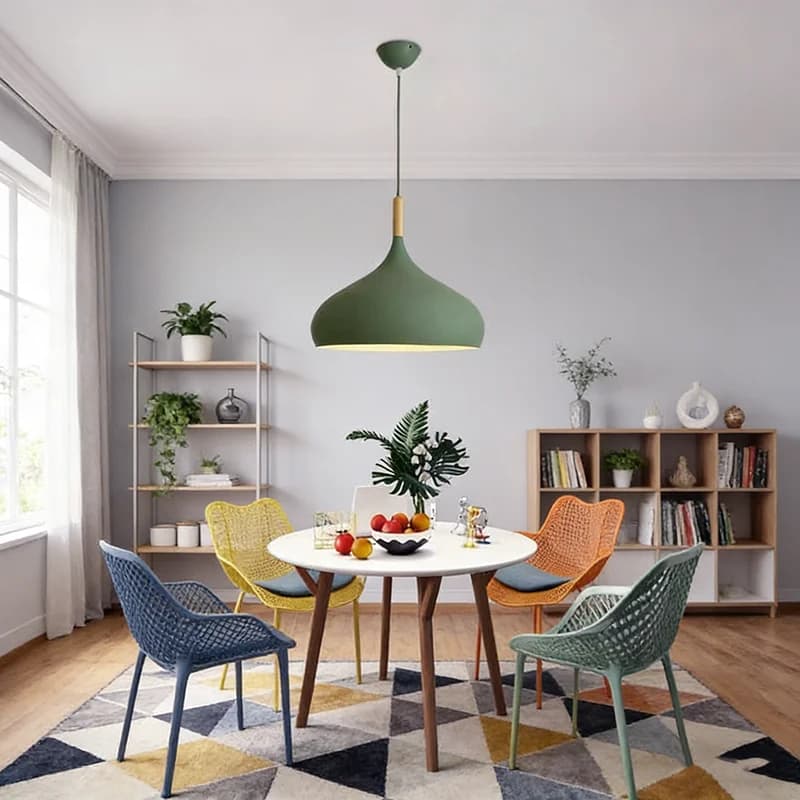 Lampadario colorato nordico Lampada a sospensione in legno Camera da letto Soggiorno Lampada a LED Apparecchio di illuminazione per camera dei bambini in alluminio a testa singola