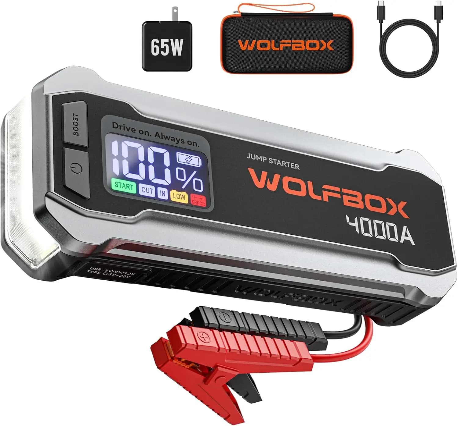 Avviatore di Emergenza 4000A con Caricatore Rapido 65W, Display LED per Veicoli 12V, Booster Portatile