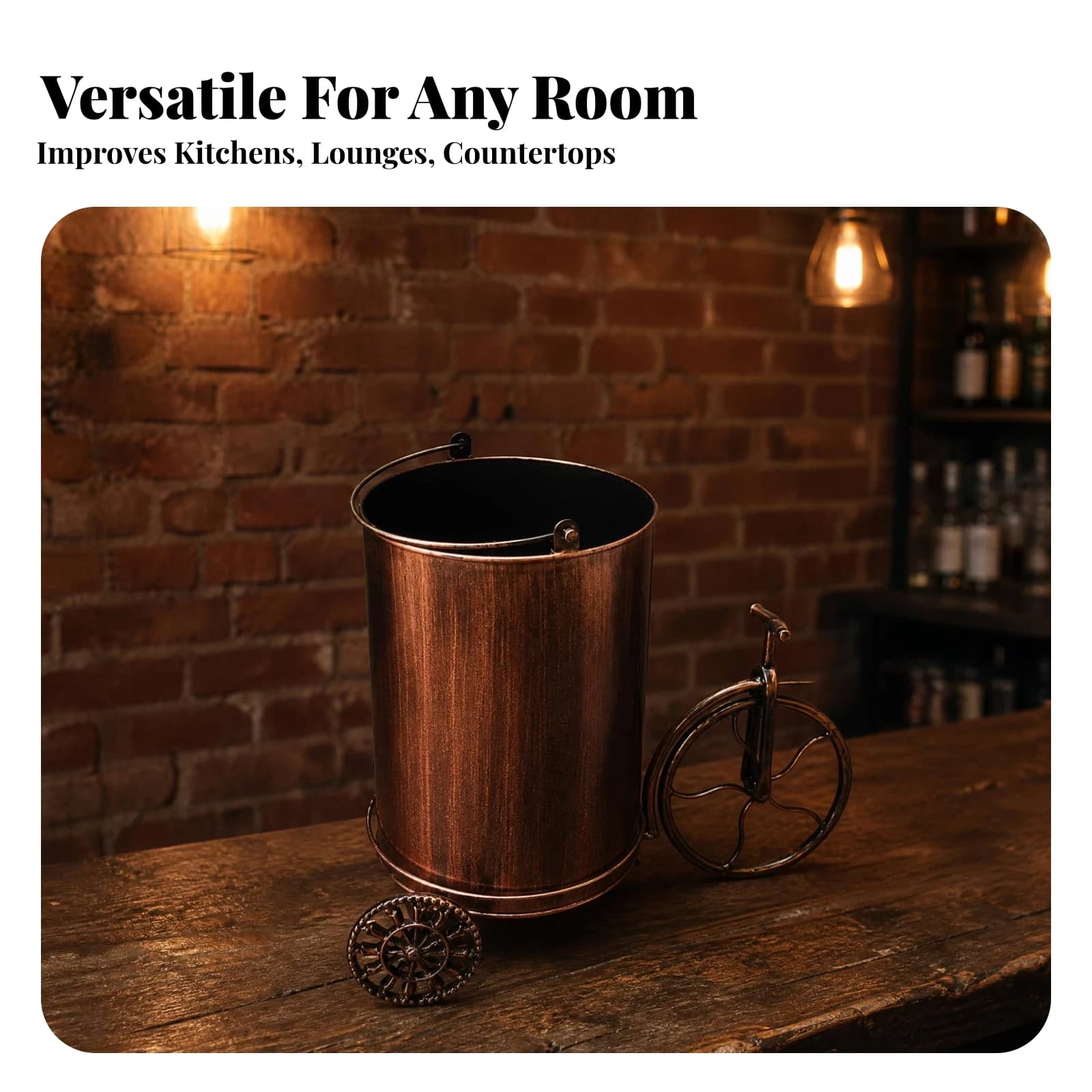Cylindrical Trash Bin Distressed Brushed Finish Industrial Bike Trash Bin Wastebasket Decorative Pedal-Powered Design