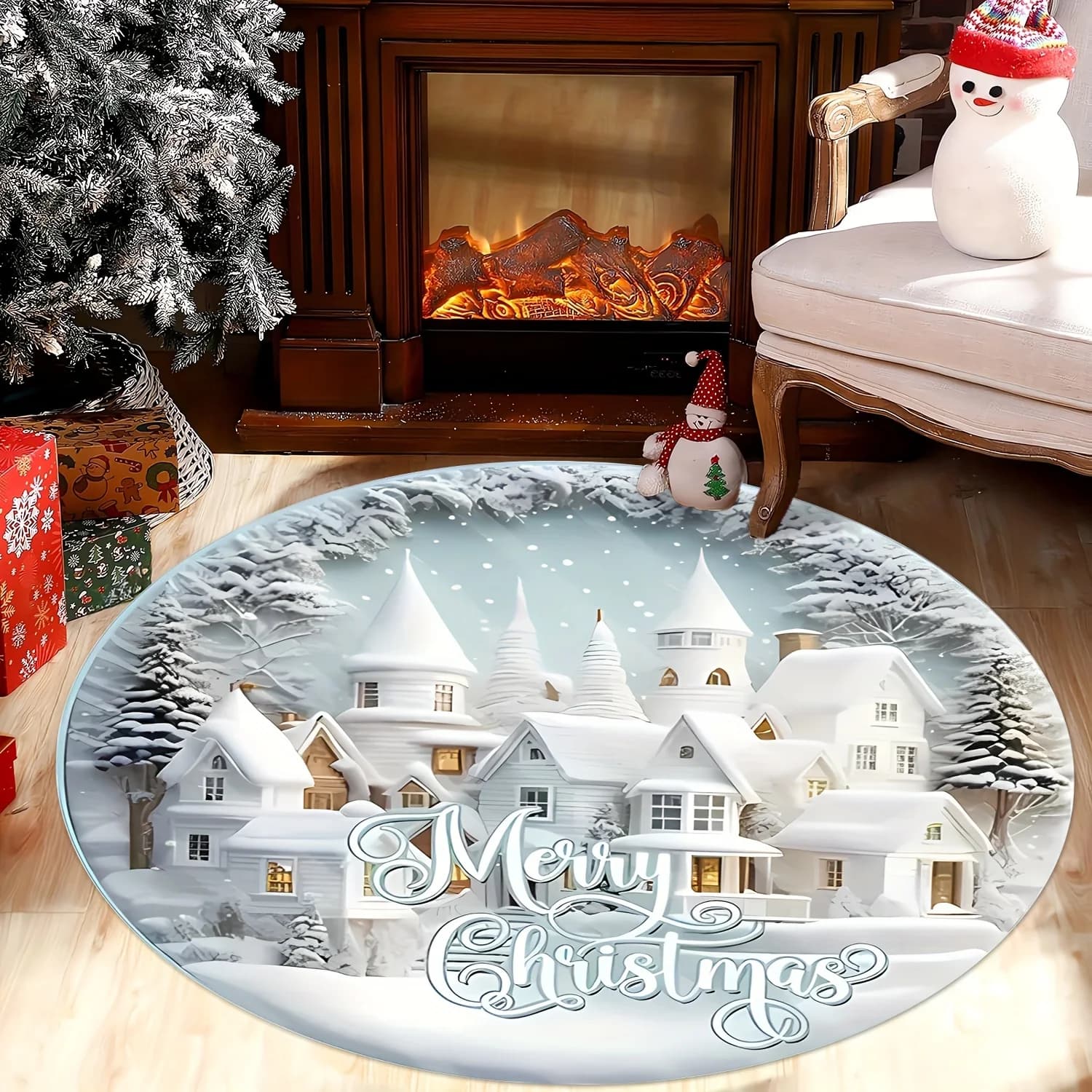 VIKAMA Christmas Santa Round Rug Printed Illusion Carpet Holiday Decoration Xmas Tree Living Room Santa Mat Xmas Holiday Decor