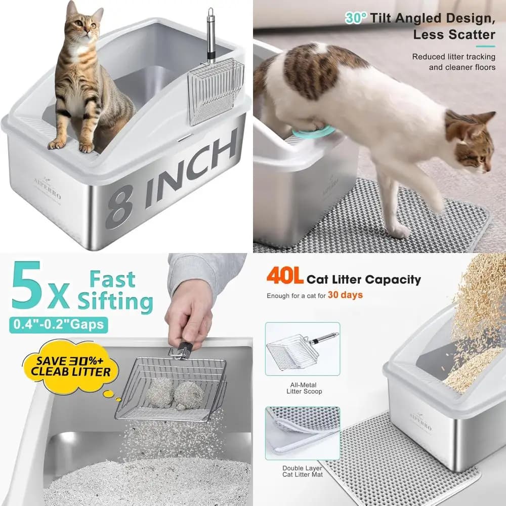 Lettiera XXL Profonda a 8 Scomparti per Gatti Grandi con Coperchio, Design Anti-Perdita, Fondo Antiaderente, Tappetino e Paletta in Metallo Inclusi