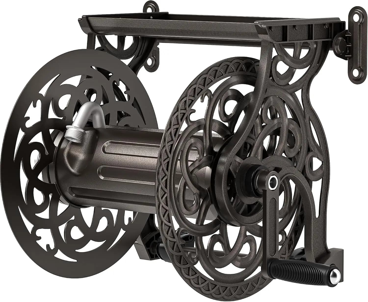 Wall Mount Metal Garden Hose Reel, Heavy Duty Aluminum Water Hose Holder For Outdoor Yard Storage, Leakproof Water System Shelf Organizer, Decorative Dark Bronze