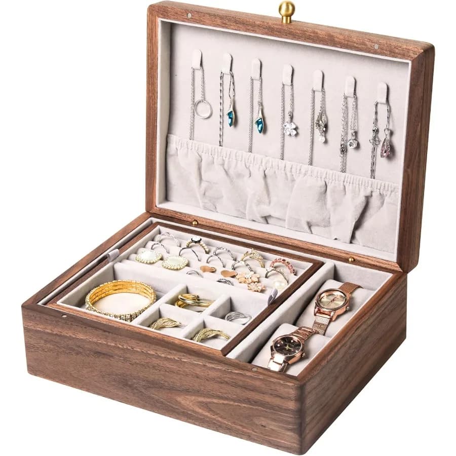 Wooden jewelry box Vintage organizer in real wood solid walnut with medium sized layers with ring compartment for earrings