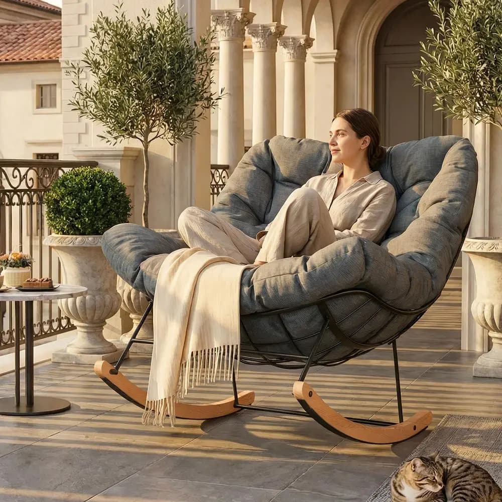 Sedia a dondolo da esterno oversize con seduta imbottita spessa e cuscino extra, moderna sedia lounge Papasan da patio con struttura in metallo