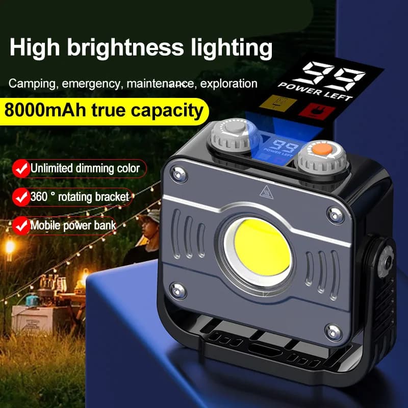 Faro da Lavoro Ricaricabile 8000mAh, Potente Lampada LED COB per Campeggio, Lanterna Portatile Impermeabile per Emergenze con Dimmerazione Continua