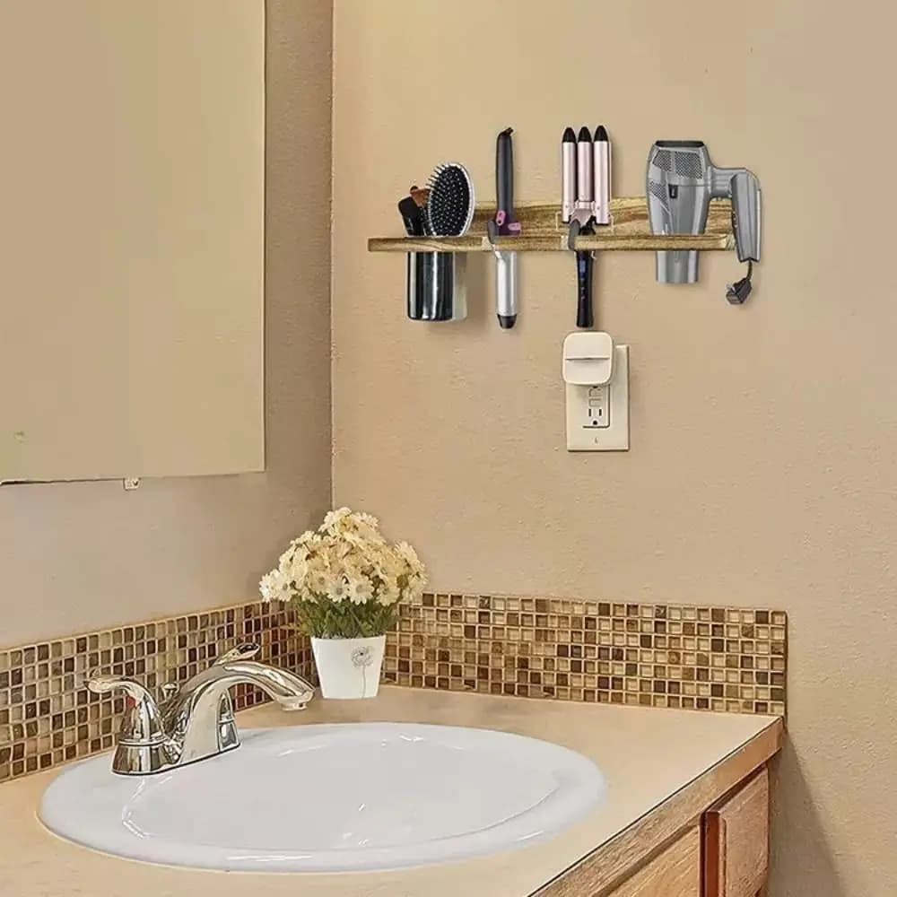 Wooden hair dryer door Stylish hair plate wall door Iron curlers space saving Ferri curling hair
