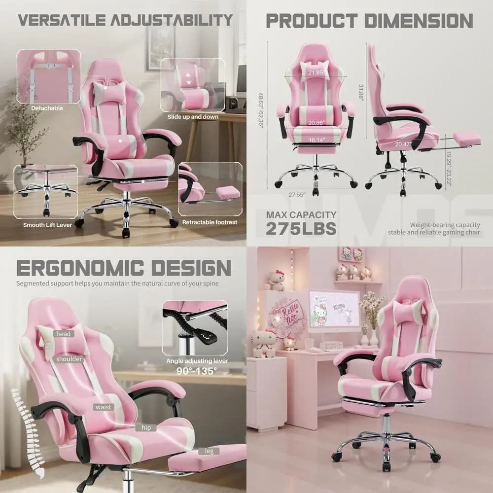 Sedia da Gaming Ergonomica Girevole con Poggiapiedi e Poggiatesta, Sedia da Ufficio Regolabile in Pelle PU per Adulti, Bianco Rosa