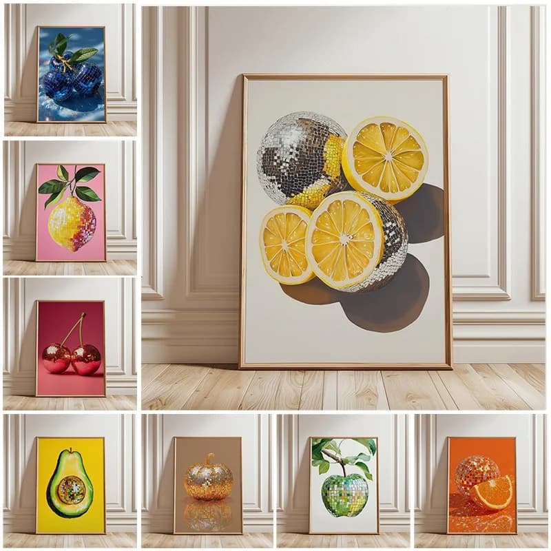 Colourful Eclectic Disco Ball Fruit Poster Orange Strawberry Lemon Apple Canvas Painting Wall Art Kitchen Living Room Home Decor