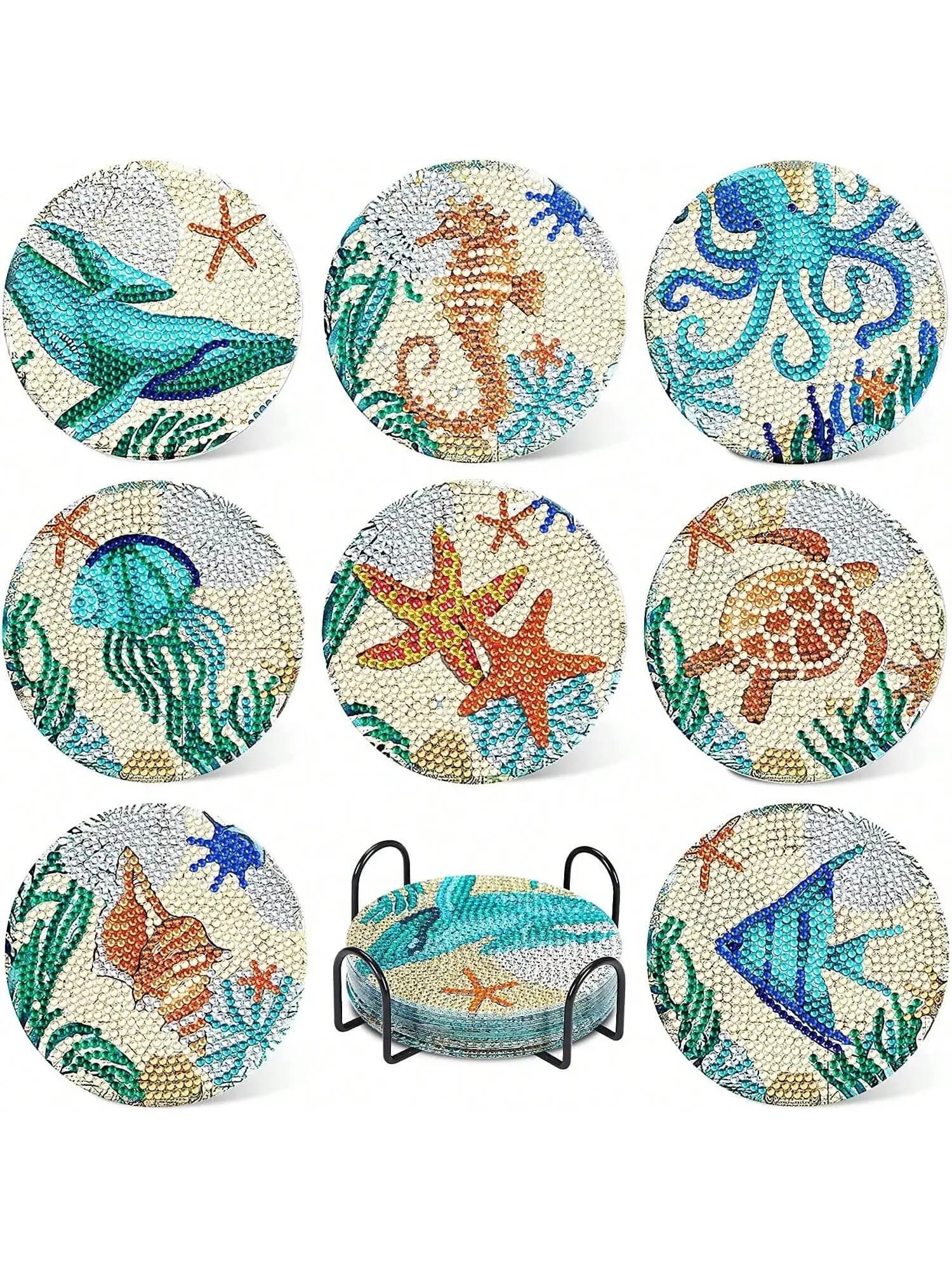 8 Pcs Sea Creature Diamond Painting Coaster Set, DIY Acrylic Coaster with Stand, Diamond Painting Kits, Art Craft Supplies