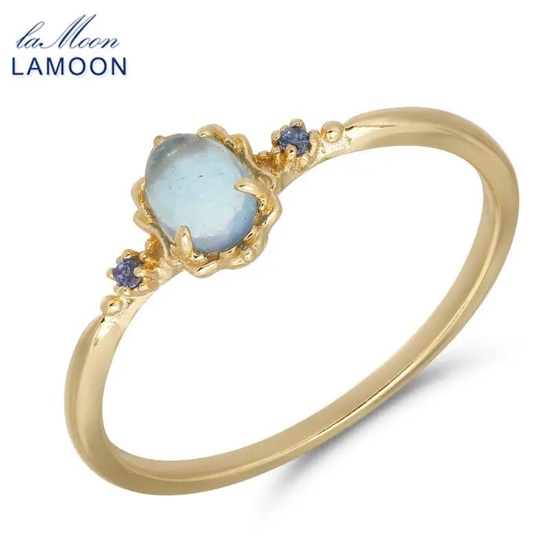 LAMOON Vingtage Ring with precious natural aquamarine stone for woman Blue stone ring 925 sterling silver plated gold Fine jewelry