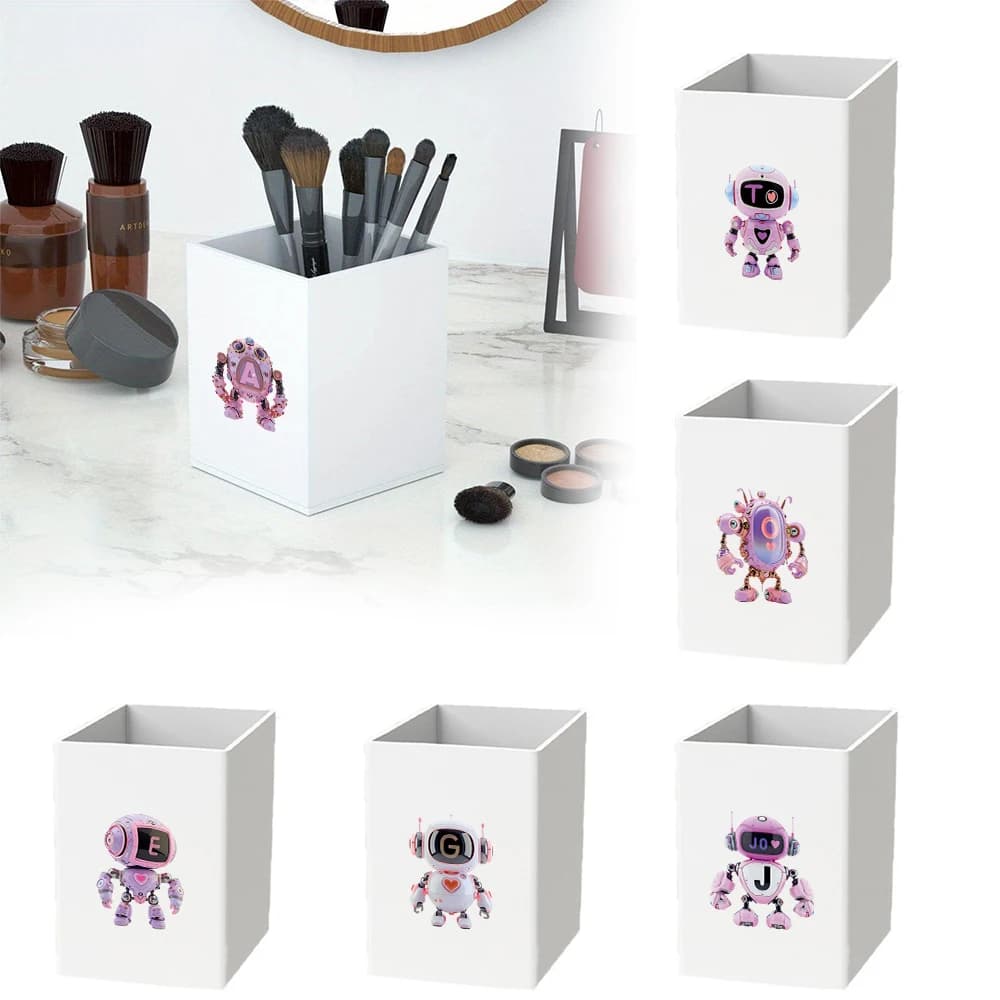 Porta cancelleria Organizzatore da scrivania Pratico cilindro per matita acrilica Pennello per calligrafia Tazza Robot Nome iniziale Modello 26 lettere