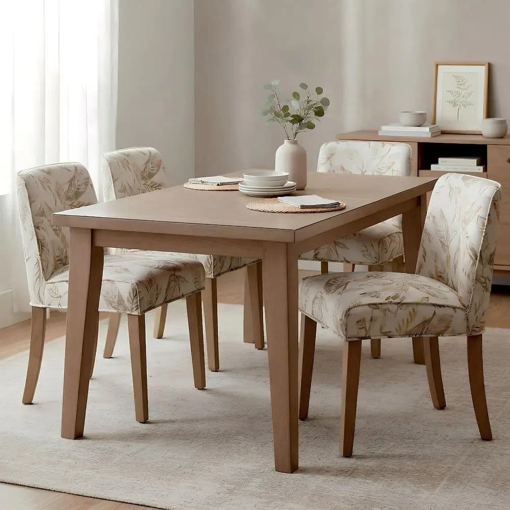 Set di 4 Sedie da Pranzo, Sedie da Cucina in Tessuto di Lino con Motivo Floreale e Gambe in Legno di Noce, Schienale Imbottito, Stile Rustico Moderno
