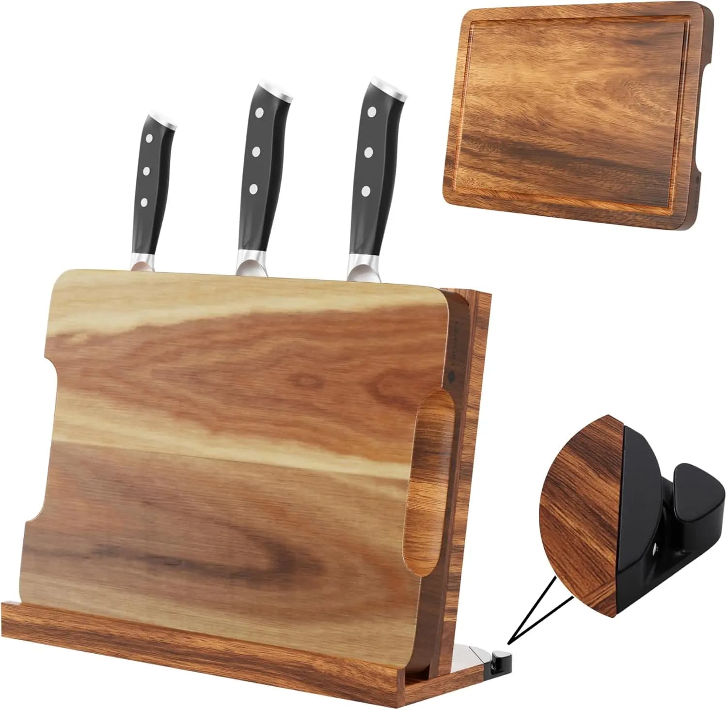 Portacoltelli Magnetico 3-in-1 con Tagliere e Affilacoltelli, Supporto Bifacciale in Legno di Acacia per Coltelli, Nessun Assemblaggio Richiesto
