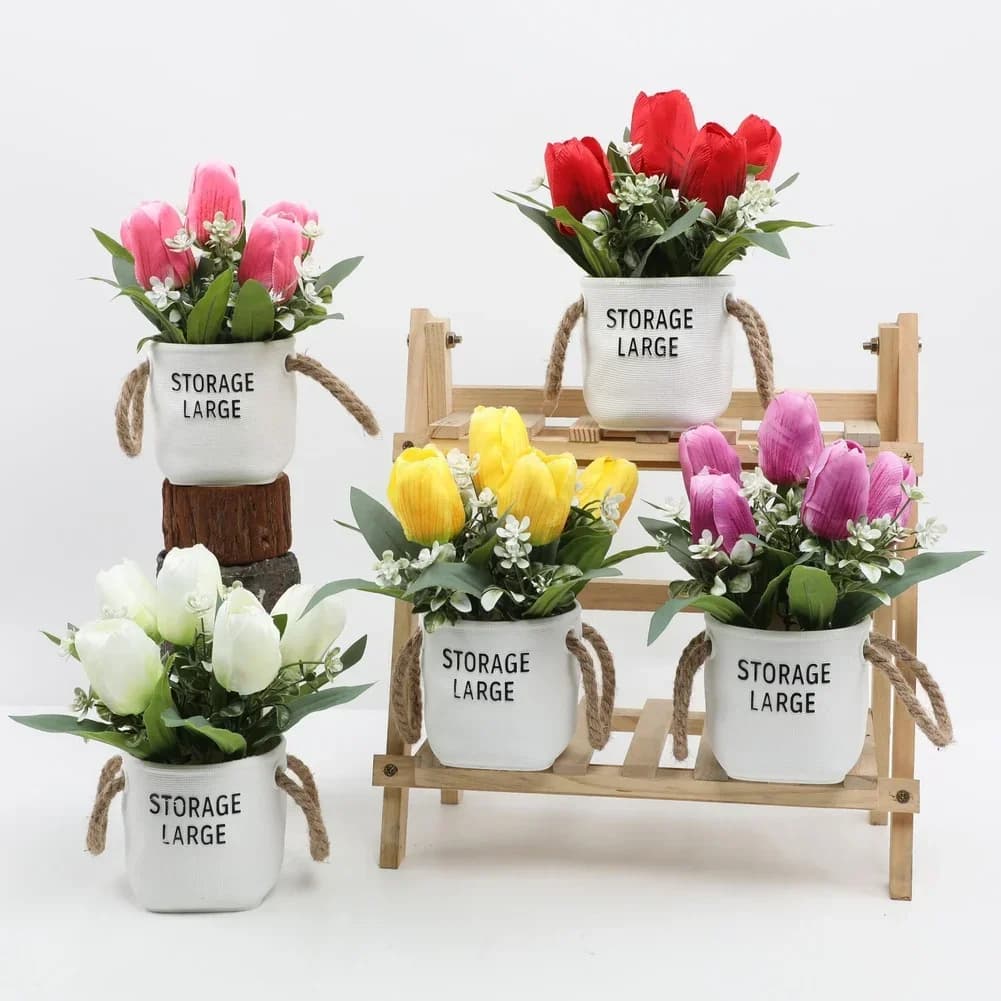 Artificial Tulip Potted Plant Mini Desktop Decor Fake Silk Flower Home Wedding Realistic Fake Tulip Flowers Flowers Wedding